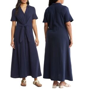 Caslon Navy Cotton Gauze Tie Front Shirtdress | Summer Maxi Dress, Medium